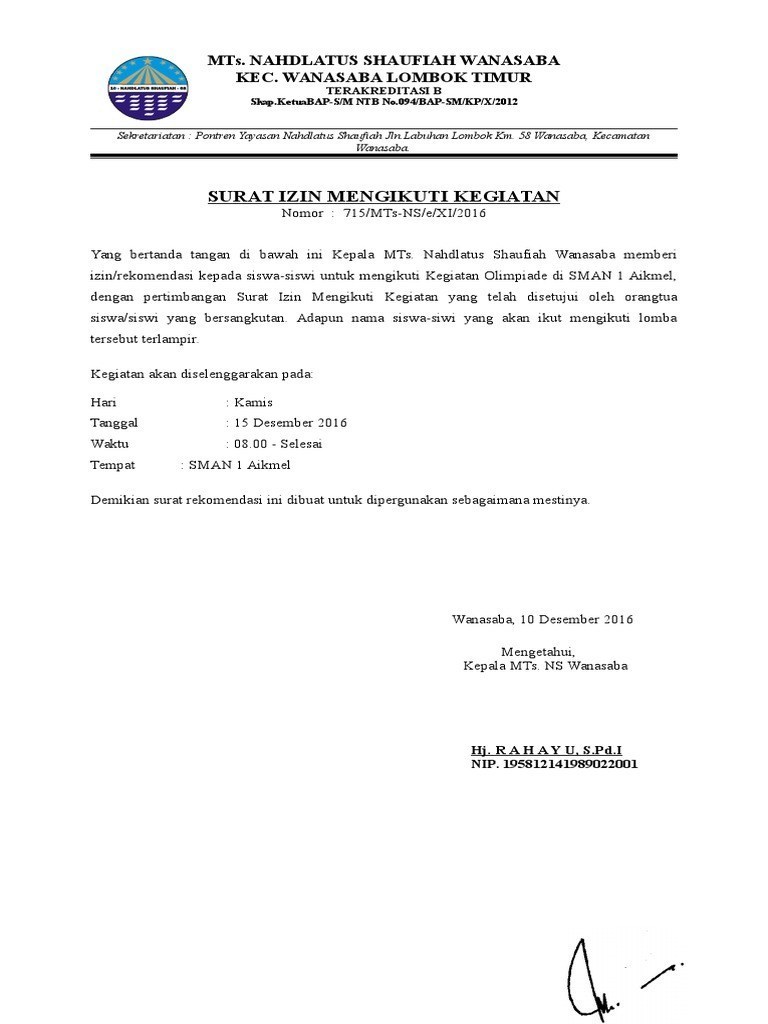 10. Contoh Surat Permohonan Izin Kegiatan Lomba