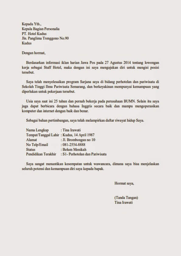 12. Contoh Surat Lamaran Pekerjaan Di Hotel