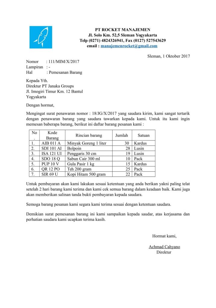 2. Contoh Surat Pesanan Barang Elektronik Rumah Tangga