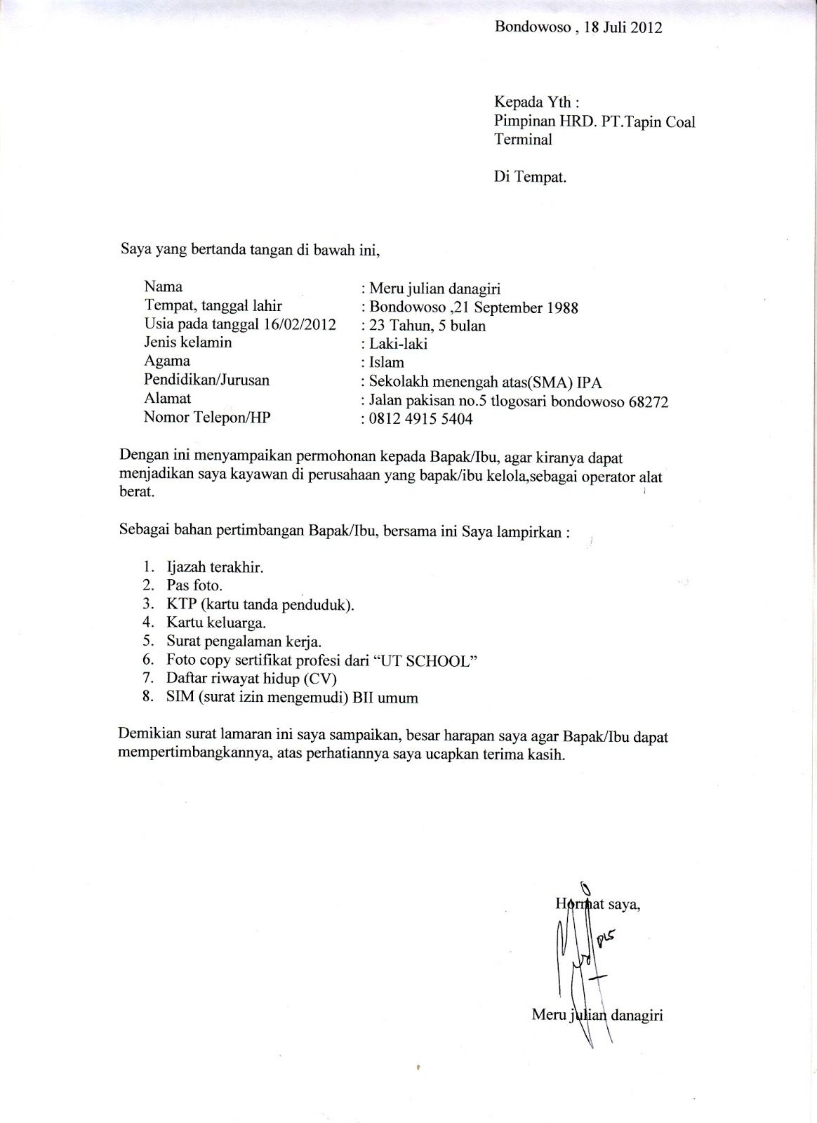 7. Contoh Surat Lamaran Kerja Simple Untuk Fresh Graduate