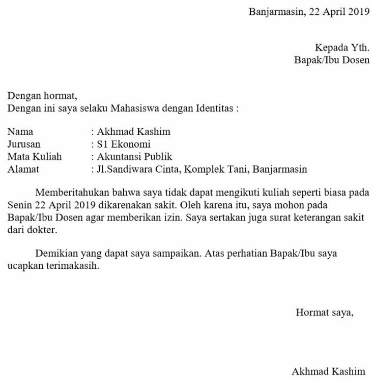 1. Contoh Surat Izin Tidak Masuk Kuliah Karena Sakit Dari Orang Tua