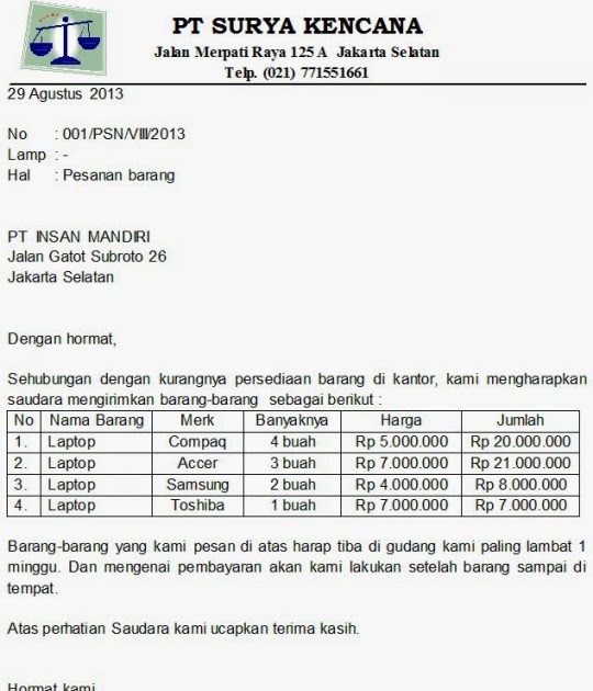 1. Contoh Surat Pemesanan Barang Dalam Bahasa Inggris Berupa Elektronik