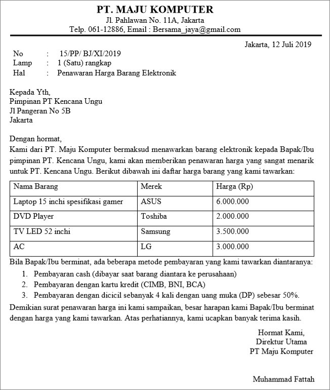 10. Contoh Surat Pemesanan Barang Furniture Rumah Tangga