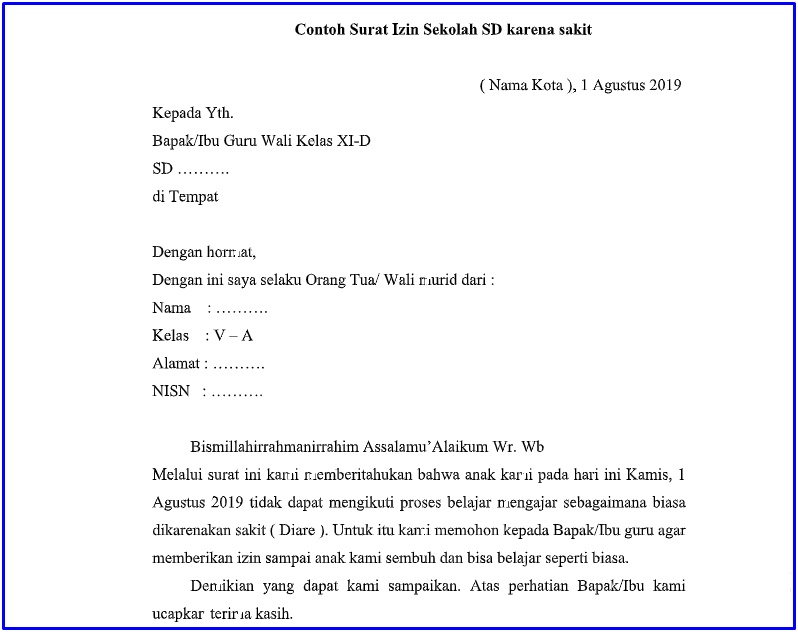 10. Contoh Surat Tidak Masuk Sekolah SD Sekolah Dasar