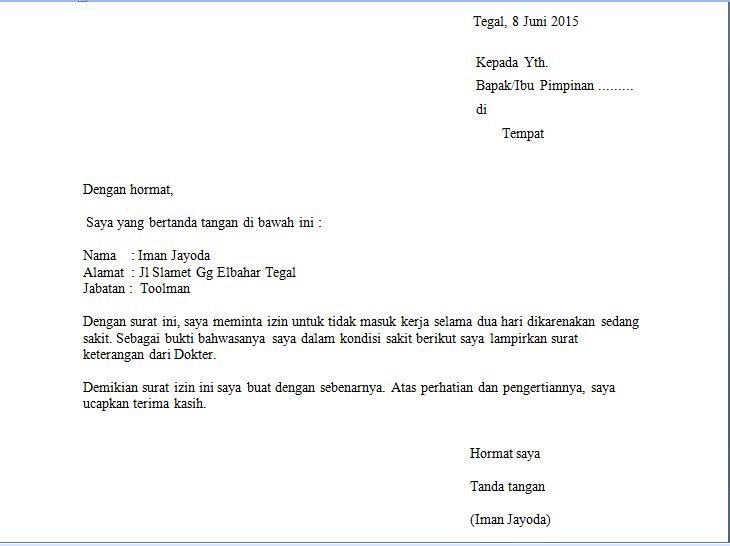 11. Contoh Surat Izin Tidak Masuk Kantor