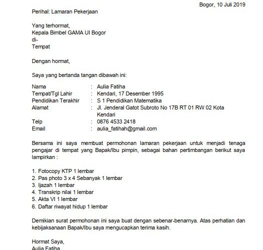 11. Contoh Surat Lamaran Pekerjaan Guru