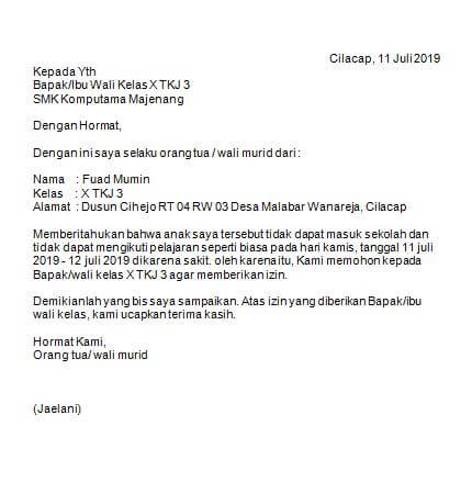 12. Contoh Surat Izin Tidak Masuk Sekolah