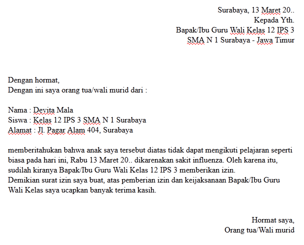 14. Contoh Surat Izin Sakit Sekolah Untuk Siswa SMA