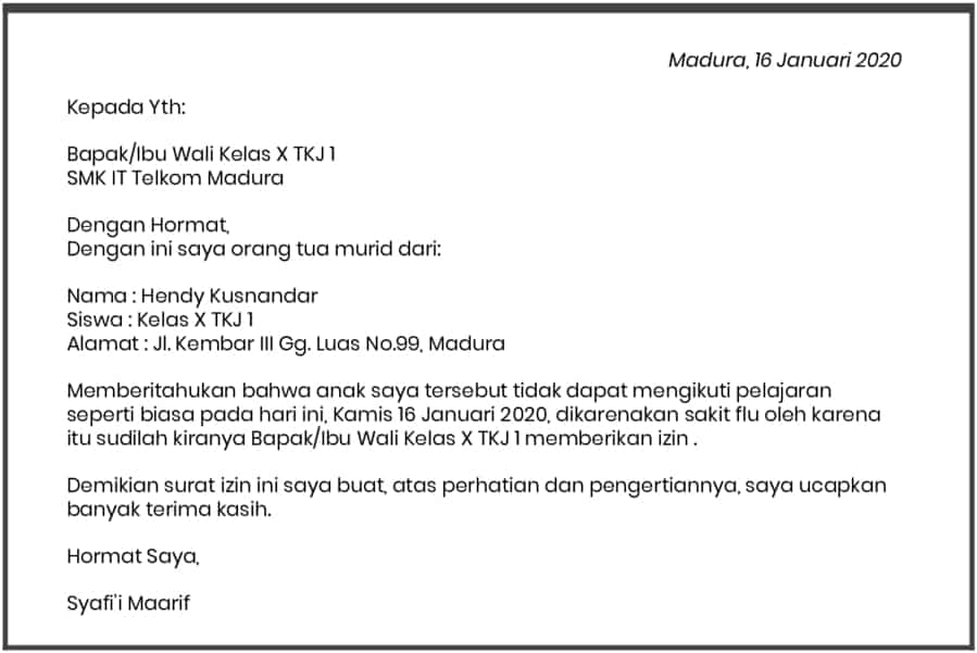 16. Contoh Format Surat Izin Tidak Masuk Sekolah