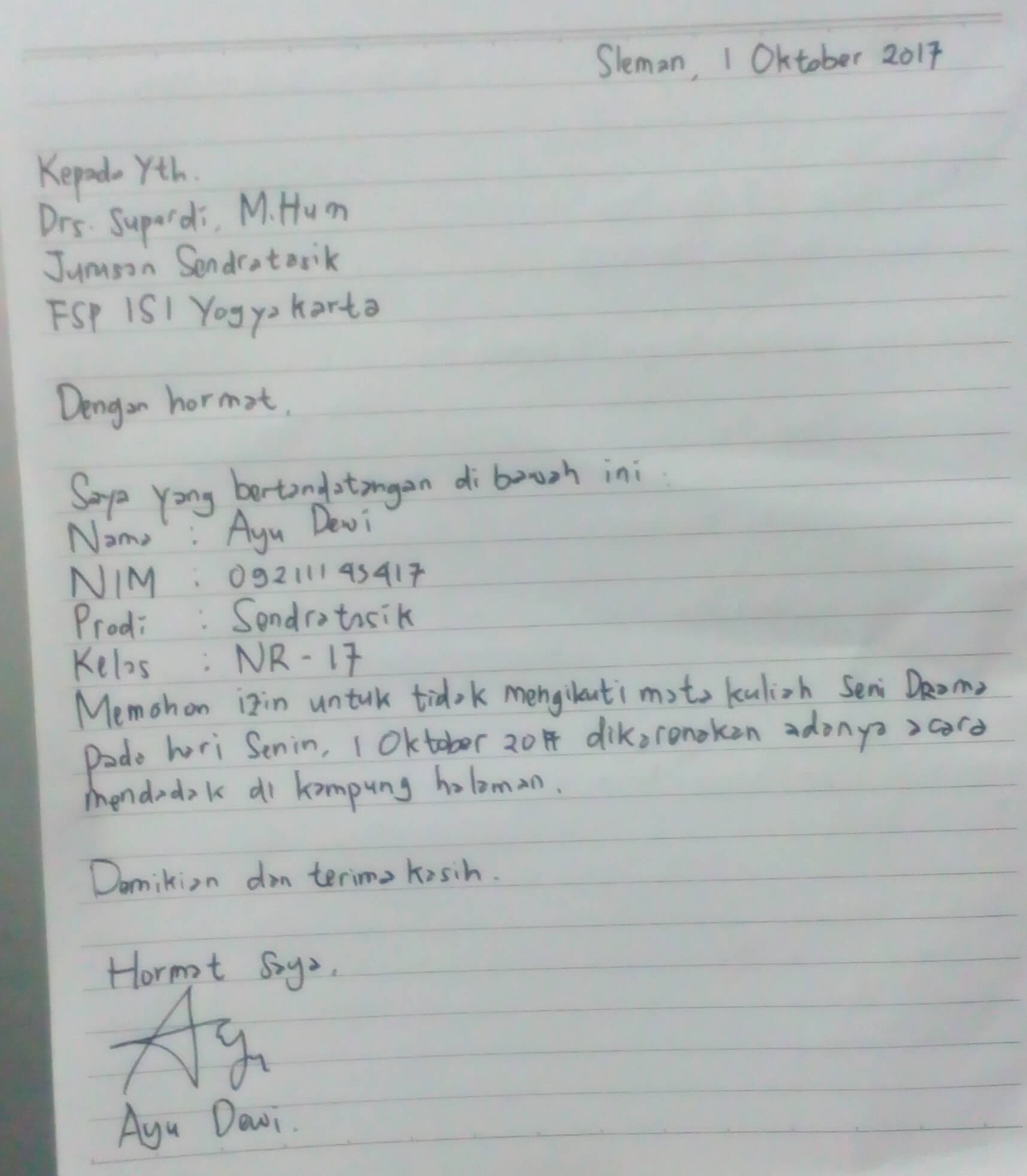 3. Contoh Surat Izin Tidak Masuk Kuliah Karena Sakit Buatan Sendiri