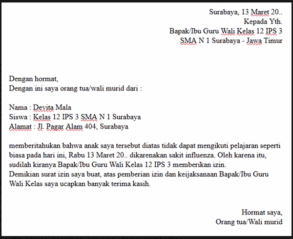 3. Contoh Surat Izin Tidak Masuk Sekolah Karena Pergi