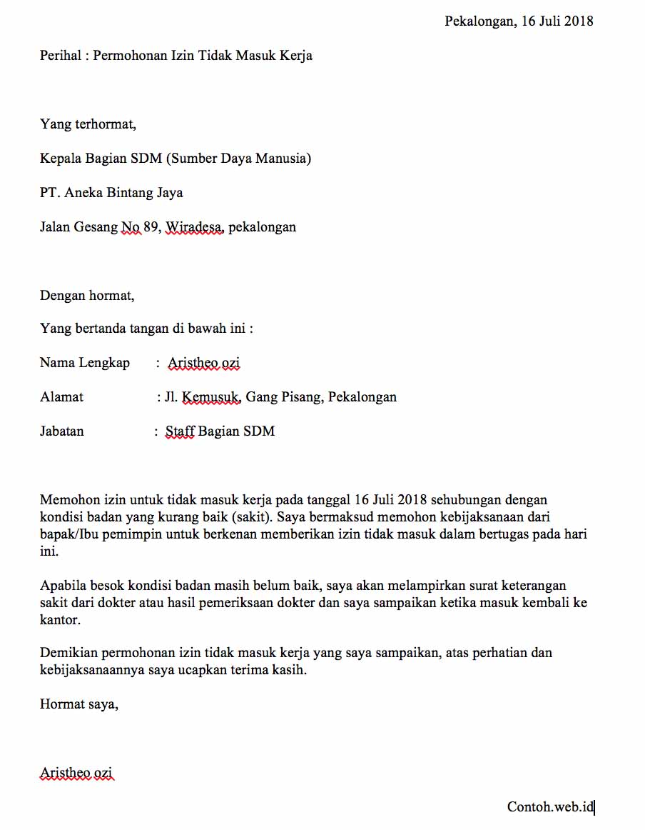 3. Contoh Surat Tidak Masuk Sekolah Karena Sakit Dengan Surat Keterangan Sakit