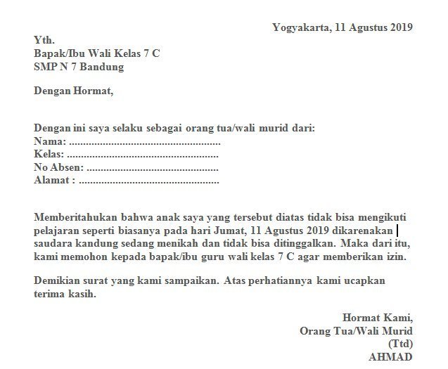 4. Contoh Surat Izin Tidak Masuk Sekolah Karena Ada Acara Keluarga