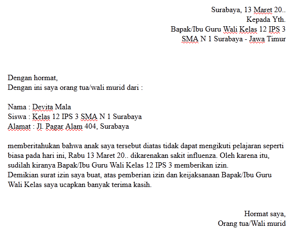 5. Contoh Surat Tidak Masuk Sekolah Singkat