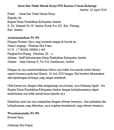 7. Contoh Permohonan Izin Tidak Masuk Kerja Karena Kepentingan