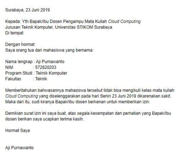 7. Contoh Surat Izin Tidak Masuk Kuliah Dari Orang Tua