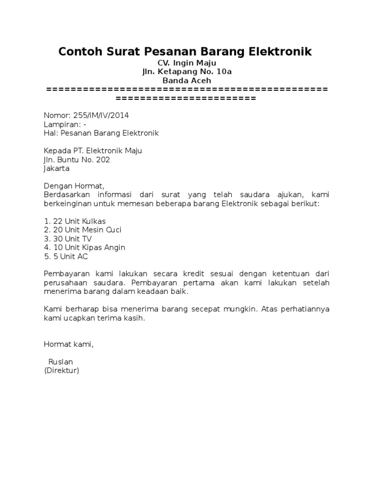 9. Contoh Surat Dagang Pemesanan Barang