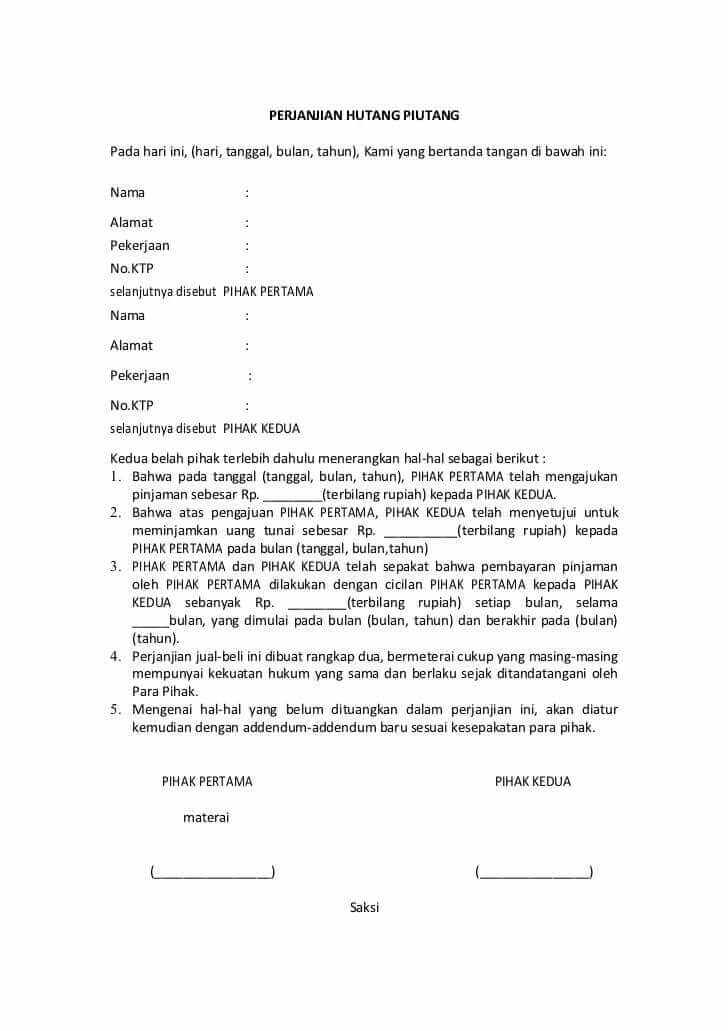 1. Contoh Surat Perjanjian Hutang Piutang Diatas Materai