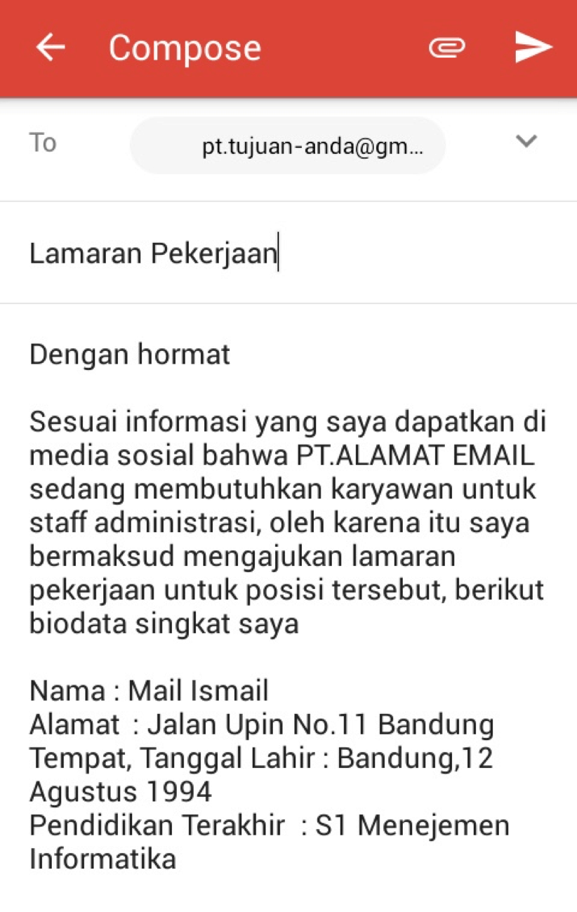 10. Contoh Surat Lamaran Kerja Via Email Yang Baik