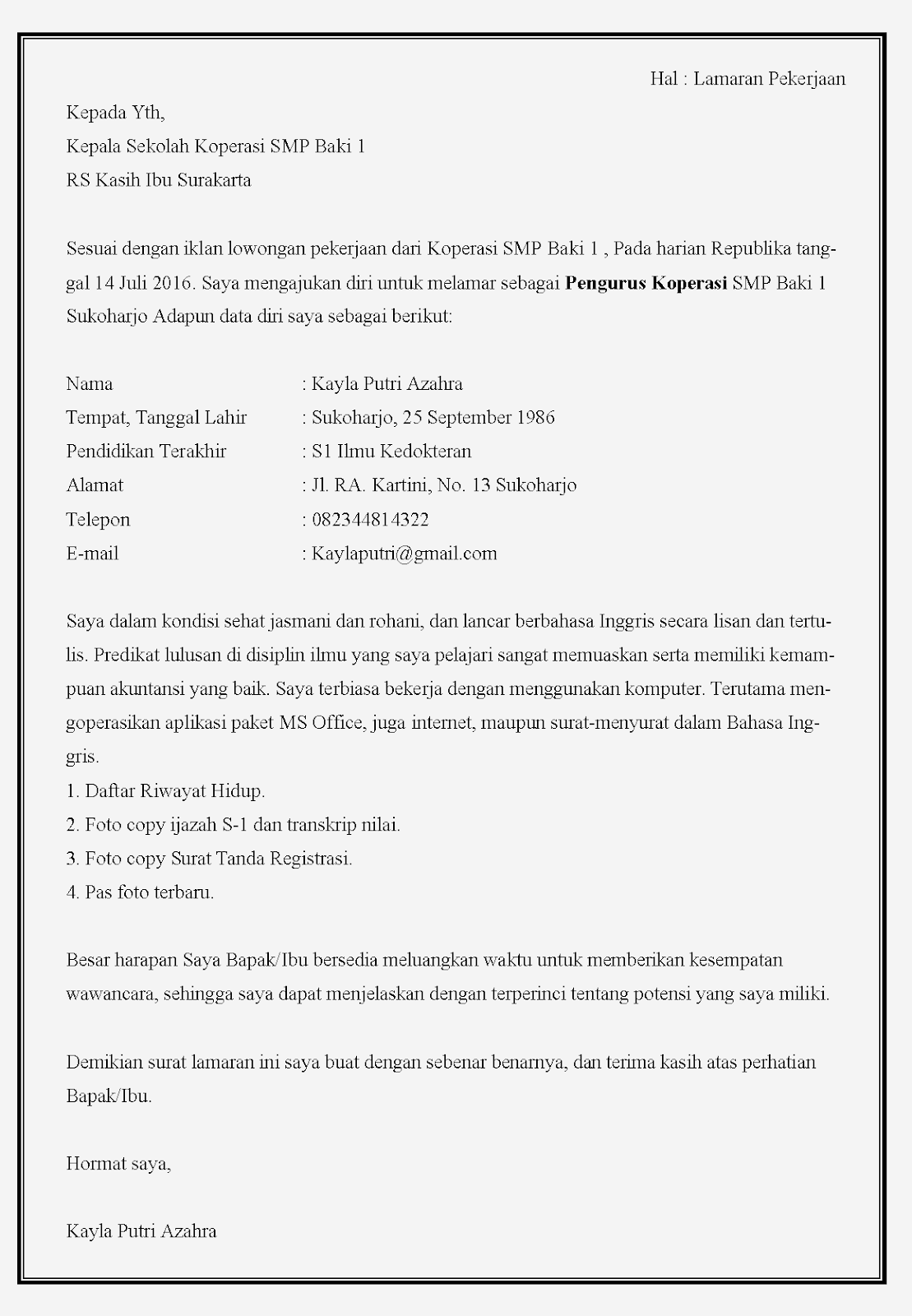 15. Contoh Surat Lamaran Kerja Di Hotel