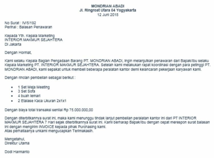 2. Contoh Surat Balasan Penawaran Jasa