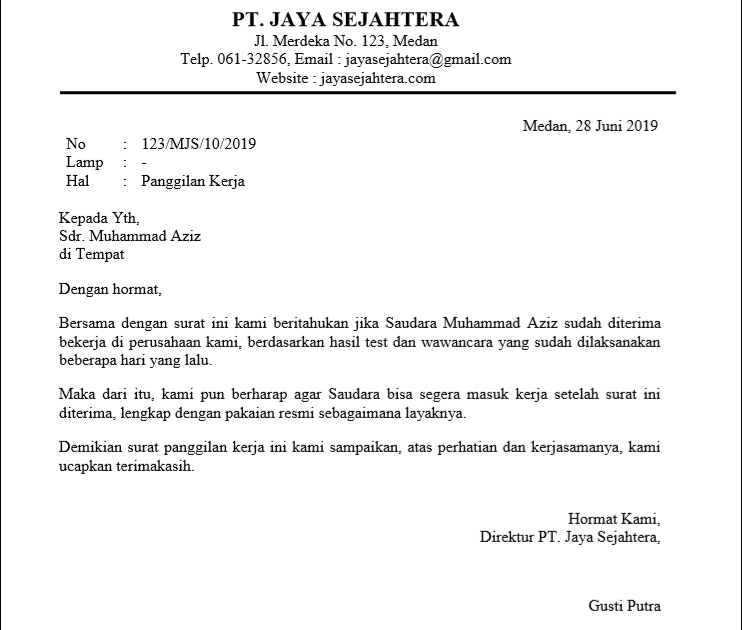 2. Contoh Surat Panggilan Kerja