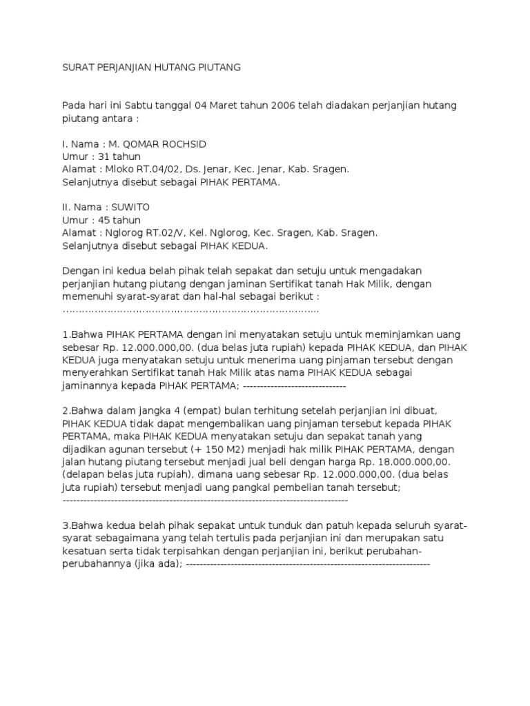 4. Contoh Surat Perjanjian Hutang Piutang Dengan Jaminan Sertifikat Tanah