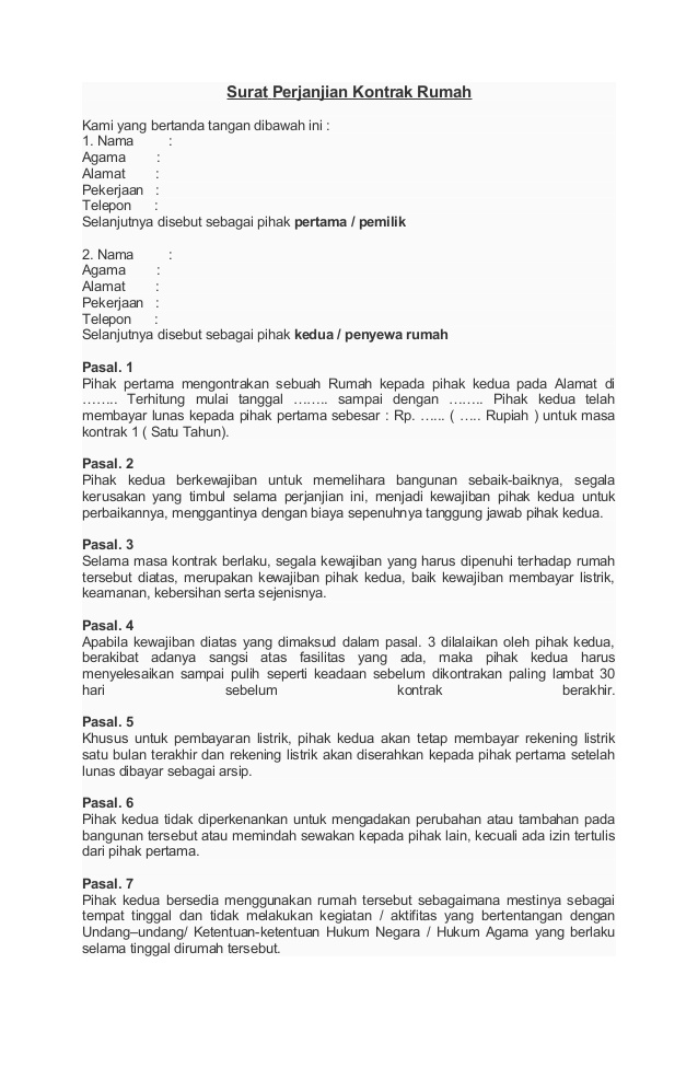 7. Contoh Surat Perjanjian Kontrak Rumah