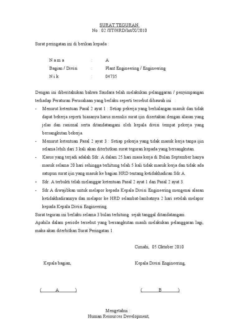 3. Contoh Surat Teguran Disiplin Karena Terlambat Masuk  Kerja