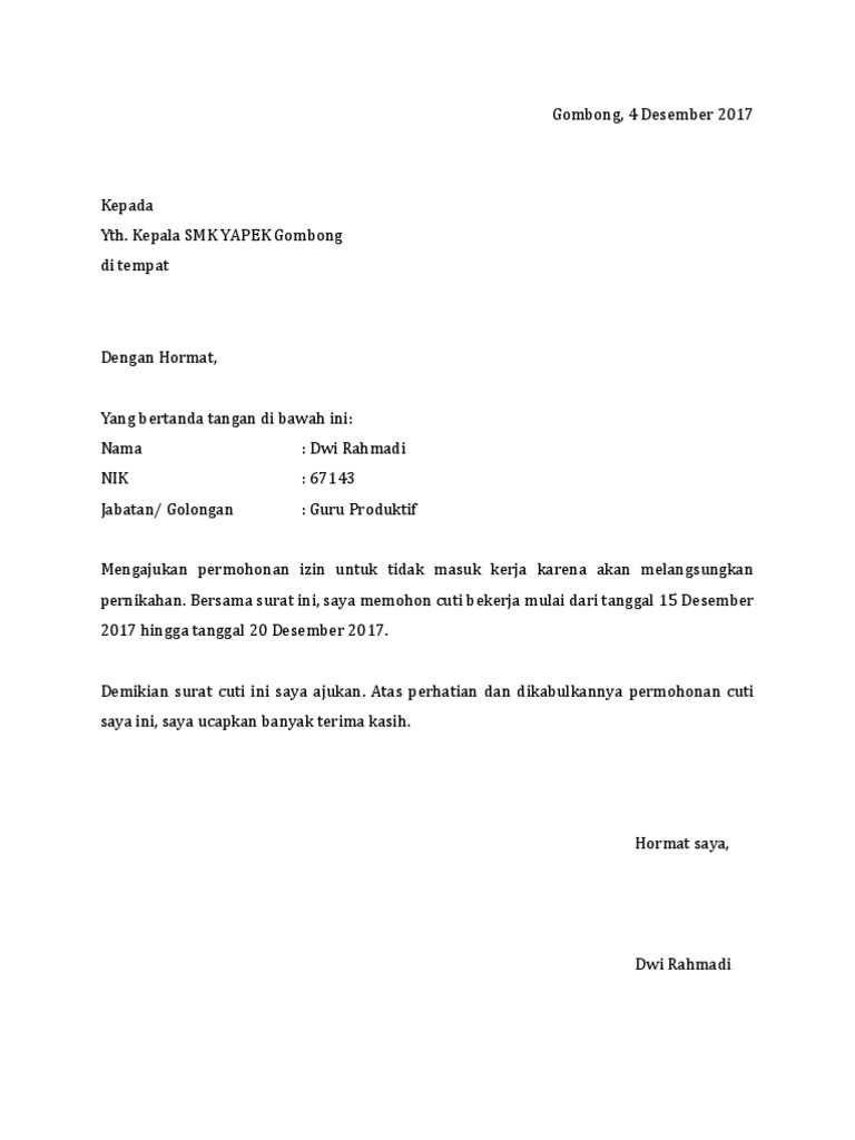 4. Contoh Surat Permohonan Cuti Menikah