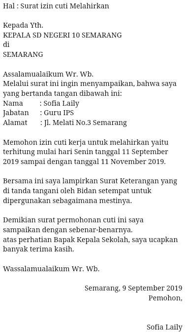 6. Contoh Surat Cuti Bersalin Guru Honorer