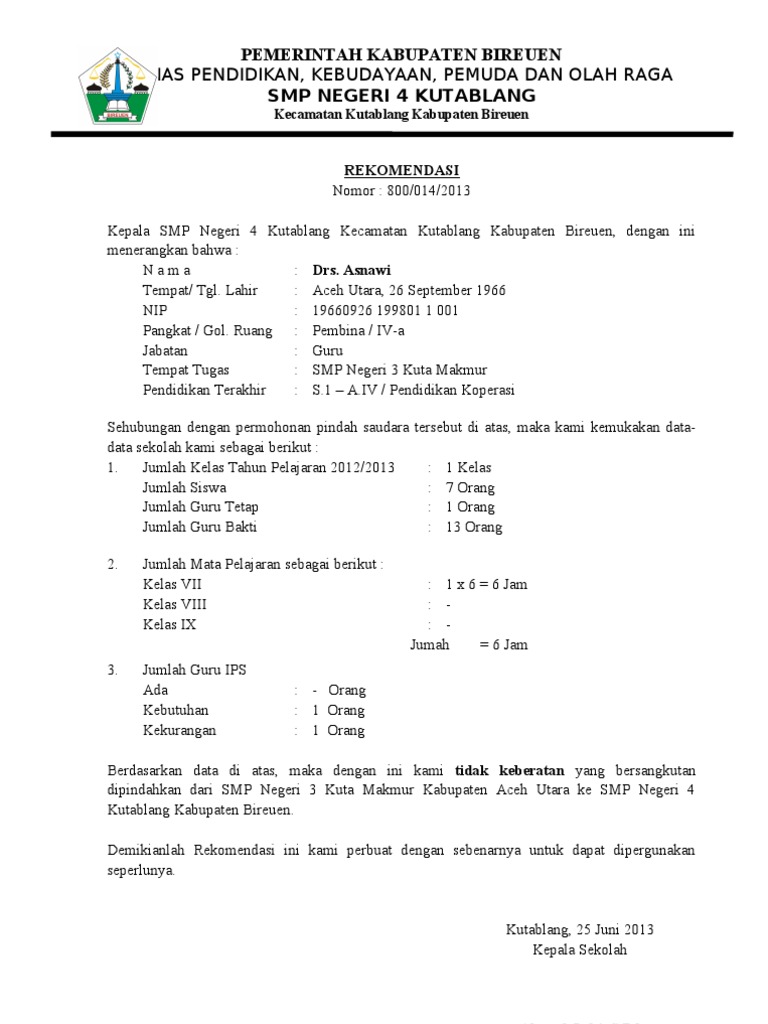 1. Contoh Surat Permohonan Rekomendasi Mutasi