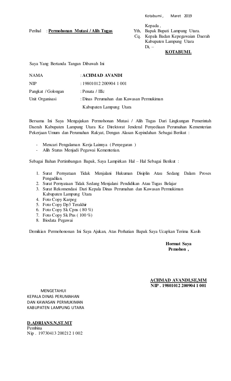 2. Contoh Surat Permohonan Mutasi PNS