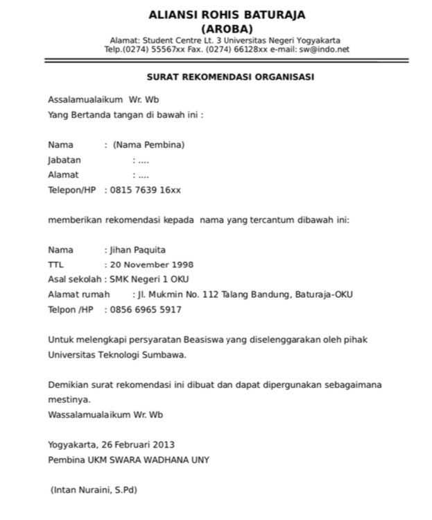 4. Contoh Surat Permohonan Rekomendasi Beasiswa