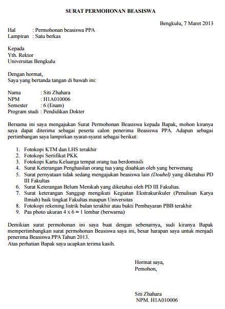 6. Contoh Surat Permohonan Beasiswa PPA