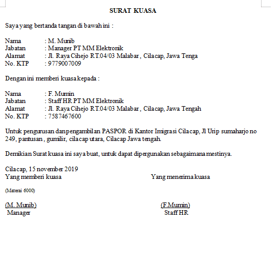 1. Contoh Surat Kuasa Pengambilan Paspor Di Kantor Imigrasi