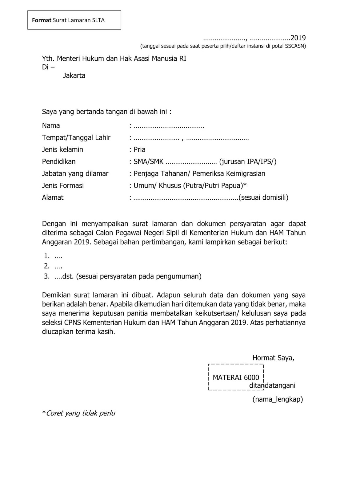 1.Contoh Surat Lamaran CPNS SMA SMK