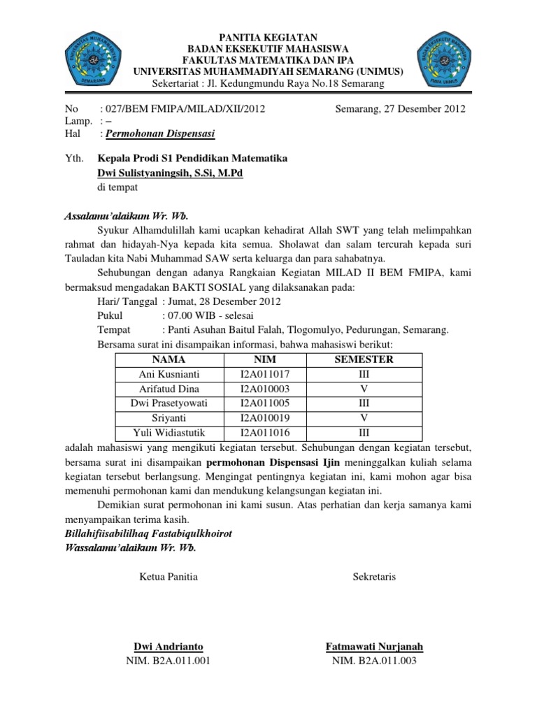 10. Contoh Surat Dispensasi Kuliah Untuk Paskibra