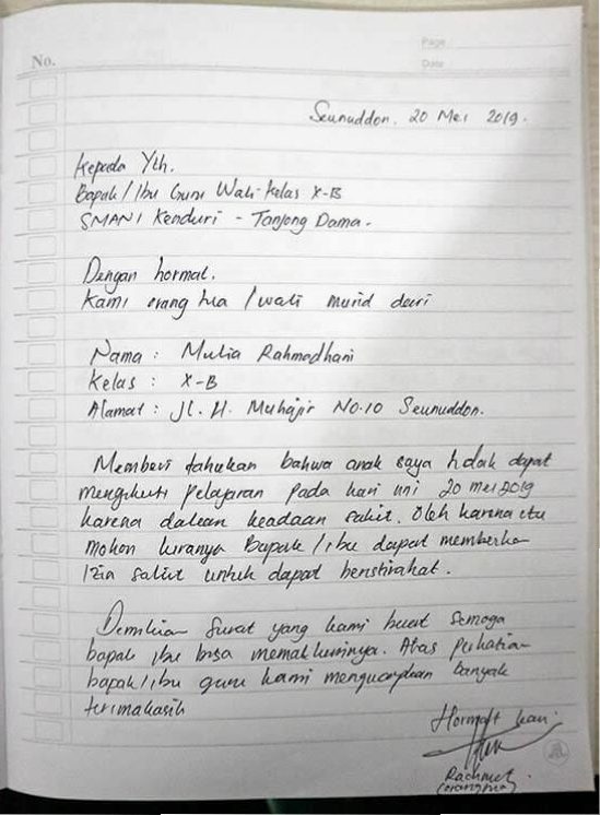 13. Contoh Surat Izin Tidak Masuk Sekolah Tulis Sendiri