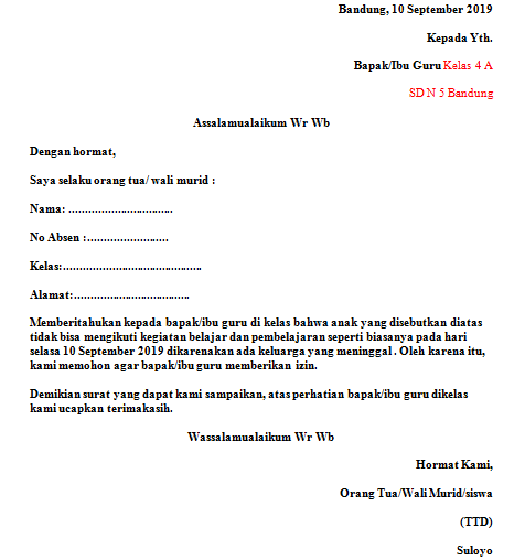 15. Contoh Surat Izin Tidak Masuk Sekolah Karena Sedang Berduka