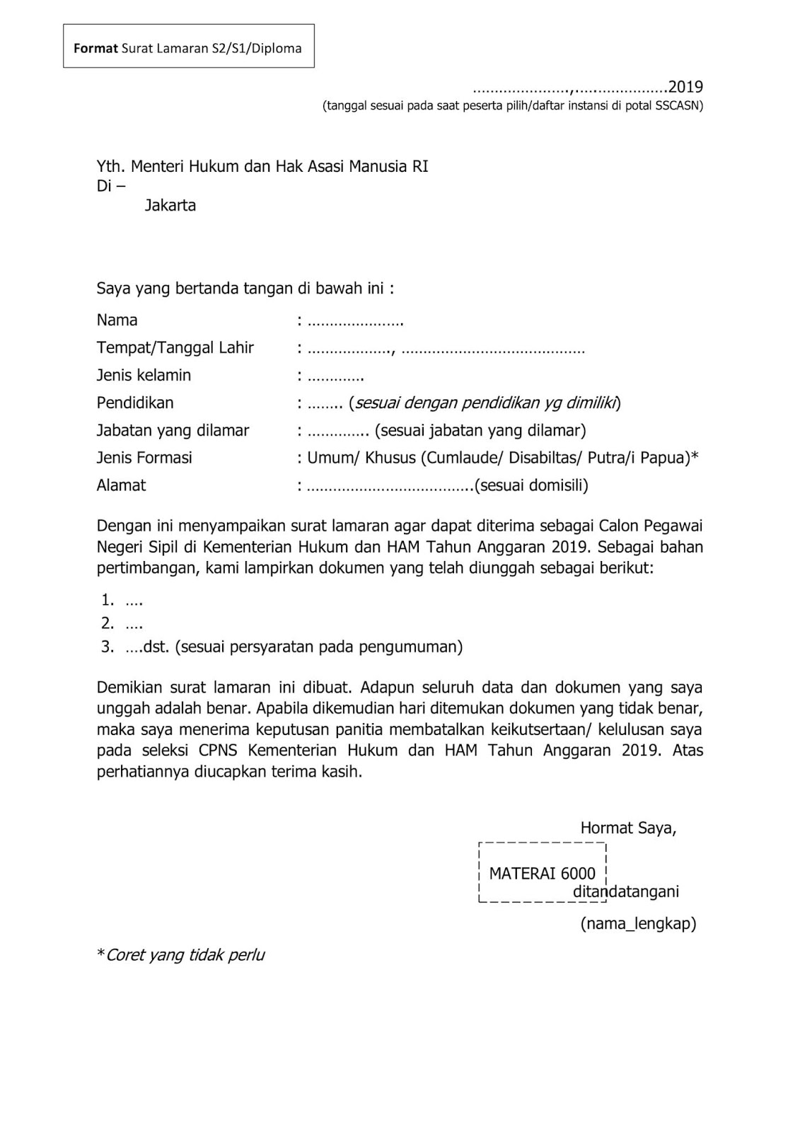 2. Contoh Surat Lamaran CPNS Sarjana