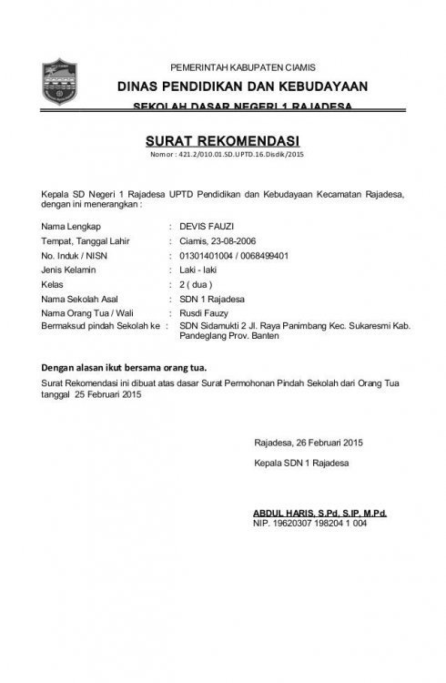 2. Contoh Surat Rekomendasi Kepala Sekolah