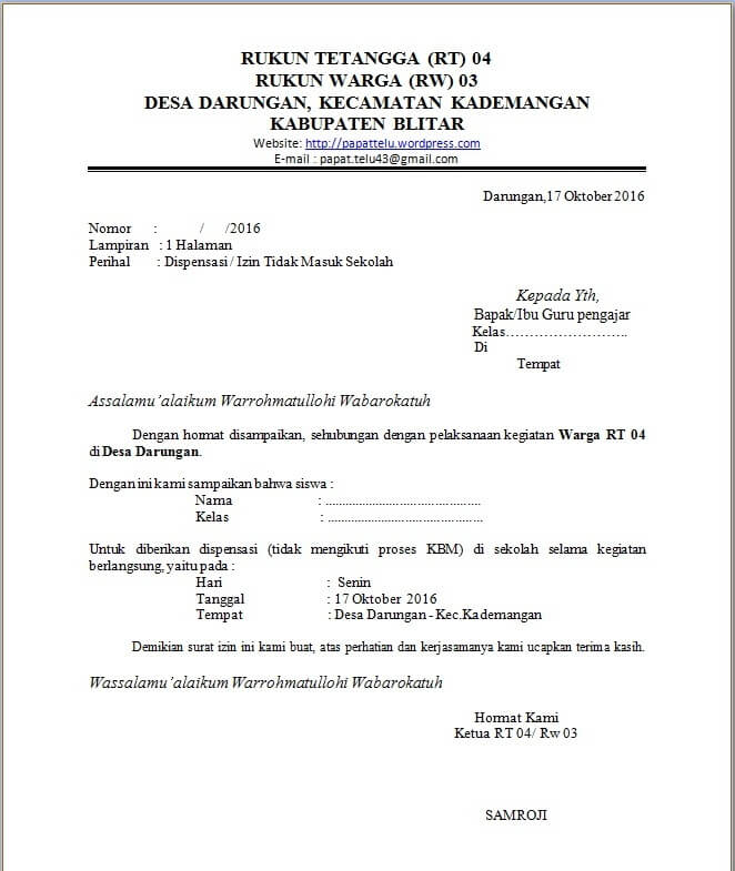 5. Contoh Surat Permohonan Dispensasi Kuliah Untuk Acara