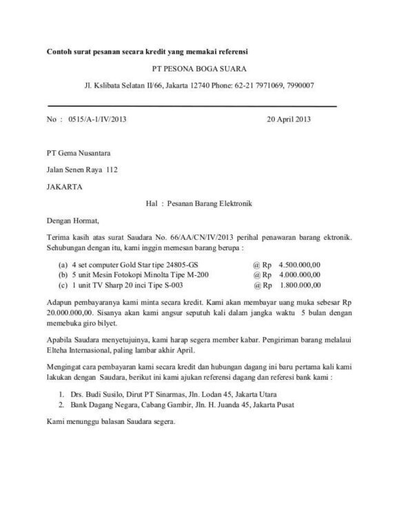 1. Contoh Surat Niaga Pemesanan Barang Elektronik