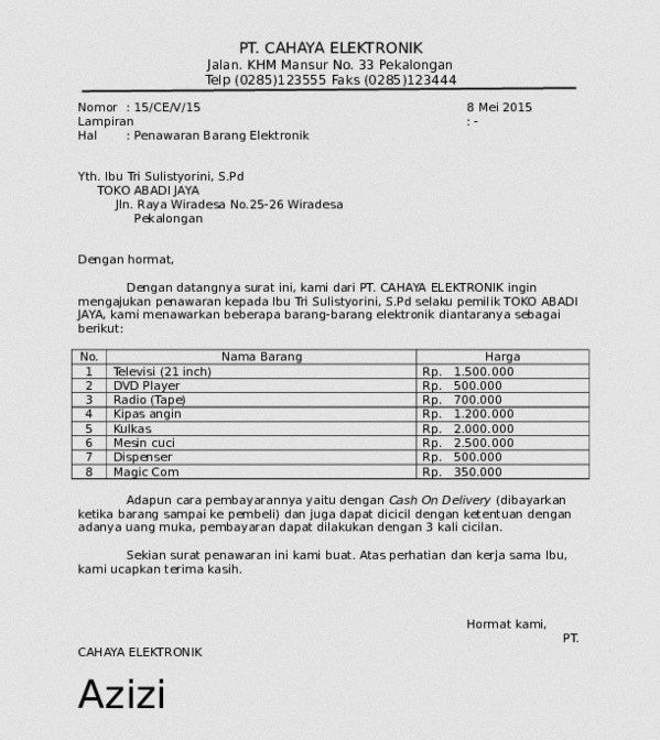 1. Contoh Surat Penawaran Barang Elektronik Kantor