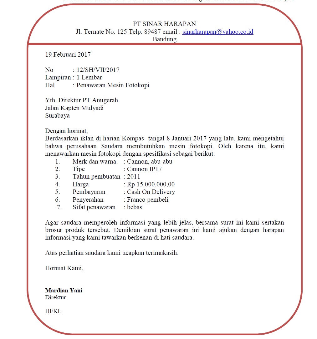 1. Contoh Surat Penawaran Produk Kue