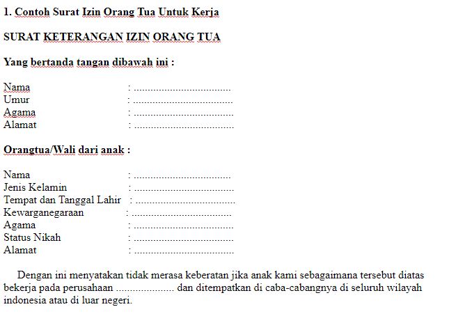 10. Contoh Surat Izin Orang Tua Untuk Bekerja Di PT