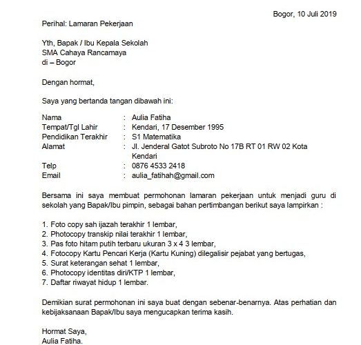 12. Contoh Surat Lamaran Kerja Guru SMA