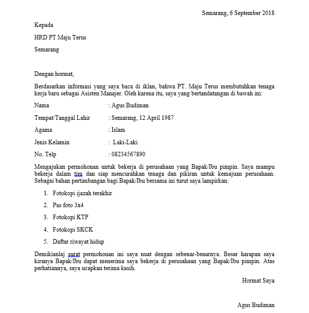 12. Contoh Surat Lamaran Kerja Di Perusahaan Swasta