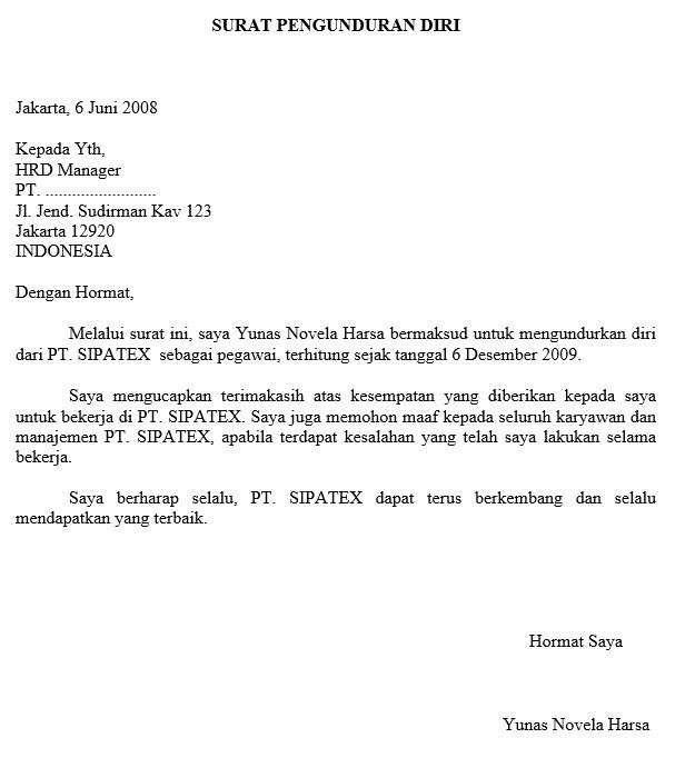 15. Contoh Permohonan Pengunduran Diri Kerja Karyawan Kontrak